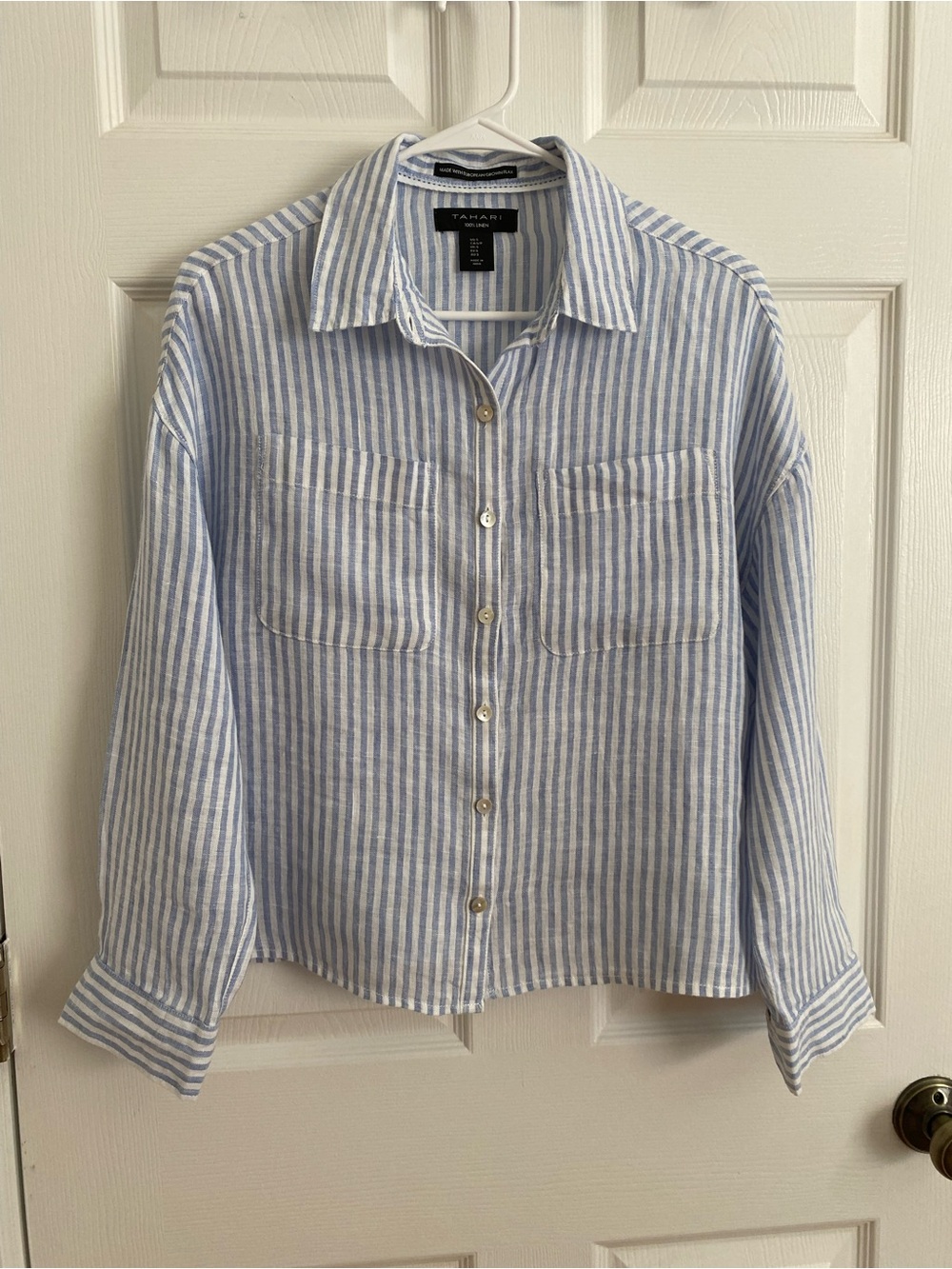 Tahari 100% Linen Blue & White Striped Button-Down Shirt – Size S